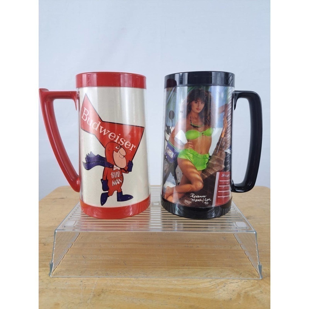 Set of Vintage Thermo-Serv Snap-On Pin-up & Bud Man Budweiser beer mug cups